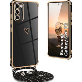 TRAHOO-Coque pour Samsung Galaxy S20 FE 4G/5G avec Cordon, Coque pour Samsung S20 FE 5G avec Collier Housse Silicone avec Motif Coeur d'amour Antichoc Étui pour Samsung S20 FE 4G avec Cordon, Noir