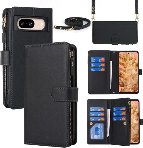 KAL-Coque Google Pixel 8 Avec Cordon,Coque Pixel 8,Flip Portefeuille Étui Cuir,[9 Porte Cartes][Double Fermeture Magnétique],Protection Coque Housse Pour Google Pixel 8 - Noir