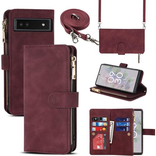 KAL-Coque Google Pixel 6A Avec Cordon,Coque Pixel 6A,Flip Portefeuille Étui Cuir,[9 Porte Cartes][Double Fermeture Magnétique],Protection Coque Housse Pour Google Pixel 6A - Rouge