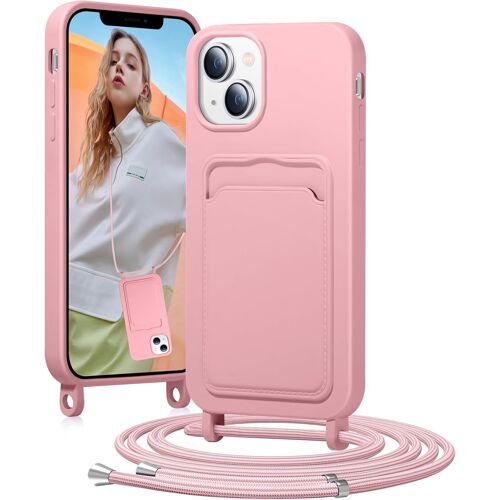 KAL-Chaîne De Téléphone Portable - Coque De Protection En Silicone Pour Iphone 13/14 - Avec Bande - Avec Compartiment Pour Cartes - Chaîne De Cordon Amovible - Anti-Chocs - Pour Iphone 13/14 -