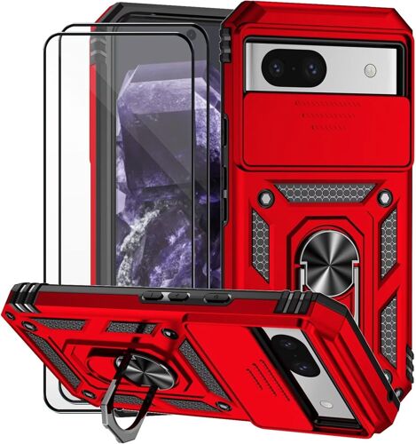 CAUC-Coque pour Google Pixel 8a avec Verre TrempéLentille Coulissante Couverture Support d¿Anneau Rotatif Armor Silicone Étui Antichoc Housse Bumper- Rouge