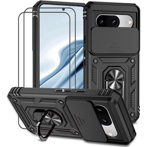 CAUC-Coque pour Google Pixel 7 avec Verre TrempéLentille Coulissante Couverture Support d`Anneau Rotatif Armor Silicone Étui Antichoc Housse Bumper-Noir