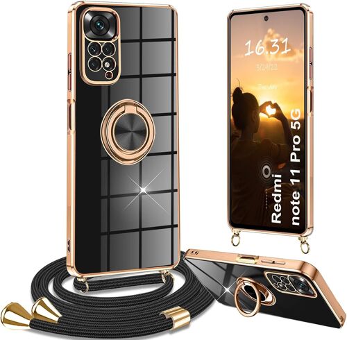 MEVRONISSHOP-Coque pour Xiaomi Redmi Note 11 Pro avec Cordon, Coque pour Redmi Note 11 Pro avec Collier Housse 360° Voiture de Bague Magnétique Étui pour Redmi Note 11 Pro 5G avec Cordon, Noir