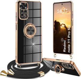 MEVRONISSHOP-Coque pour Xiaomi Redmi Note 11 Pro avec Cordon, Coque pour Redmi Note 11 Pro avec Collier Housse 360° Voiture de Bague Magnétique Étui pour Redmi Note 11 Pro 5G avec Cordon, Noir