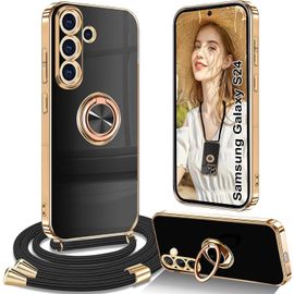 KAL-Coque Pour Samsung Galaxy S24, Coque Samsung S24 Avec Cordon Collier Silicone Housse 360° Voiture De Bague Magnétique Étui Antichoc Réglable Case Coque Pour Samsung S24, Noir