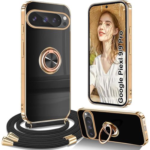 Coque Silicone Pour Google Pixel 9 / Pixel 9 Pro Avec Collier Cordon Réglable, Anneau Rotatif 360° Béquille Et Bague Magnétique Antichoc ¿ Housse Protection 360° Noir