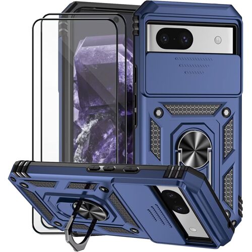 KWEX-Coque pour Google Pixel 8a avec Verre TrempéLentille Coulissante Couverture Support d`Anneau Rotatif Armor Silicone Étui Antichoc Housse Bumper- Bleu
