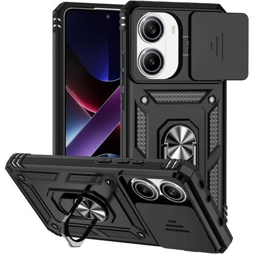 Coque pour Xiaomi Poco X7 Pro 5G avec Cache Caméra et Béquille,Couvercle Coulissant de la Caméra + Support Annulaire à 360 Degrés Etui Housse Antichoc-Le Noir