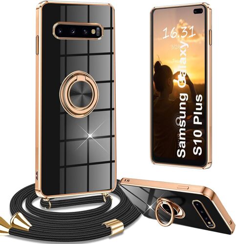 KAL-Coque Pour Samsung Galaxy S10 Plus, Coque Samsung S10 Plus Avec Cordon Collier Silicone Housse 360° Voiture De Bague Magnétique Étui Antichoc Réglable Case Coque Pour Samsung S10 Plus, Noir