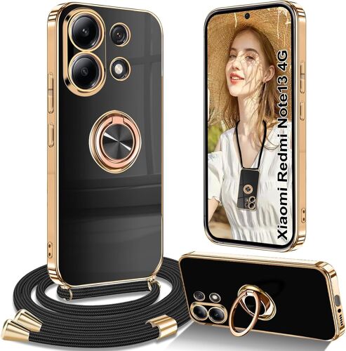 Coque pour Redmi Note 13 4G avec Cordon, Coque pour Redmi Note 13 4G avec Collier Housse 360¡ã Voiture de Bague Magn¿¿tique ?tui pour Xiaomi Redmi Note 13 4G avec Cordon, Noir
