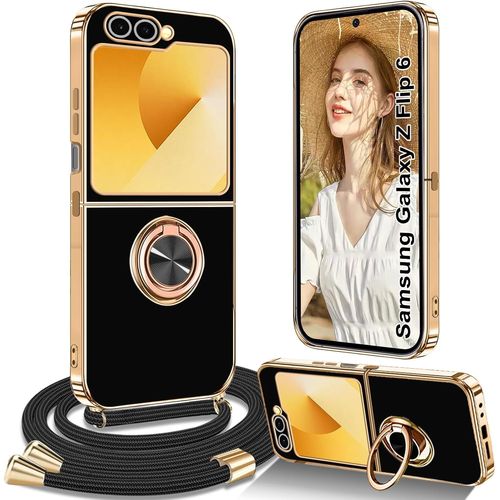 Kal-Coque Pour Samsung Galaxy Z Flip 6 Avec Cordon, Coque Pour Samsung Galaxy Z Flip 6 Avec Collier Silicone Housse 360° Voiture De Bague Magnétique Antichoc Étui Avec Cordon Réglable Case Cover, Noi