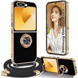 Kal-Coque Pour Samsung Galaxy Z Flip 6 Avec Cordon, Coque Pour Samsung Galaxy Z Flip 6 Avec Collier Silicone Housse 360° Voiture De Bague Magnétique Antichoc Étui Avec Cordon Réglable Case Cover, Noi