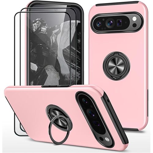 CAUC-Coque pour Google Pixel 9 et 2 pièces Verre trempé Housse Etui Support de Bague résistant aux Chocs résistant aux Rayures PC Silicone Heavy Duty Robuste Durable- Rose