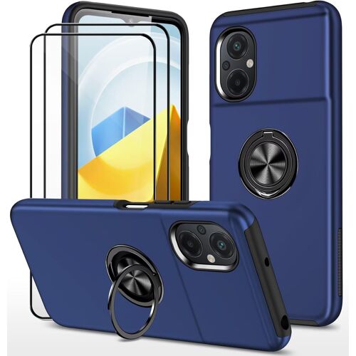 KAL-Coque Pour Xiaomi Poco M5 4G Et 2 Pièces Verre Trempé Housse Etui Support De Bague Résistant Aux Chocs Résistant Aux Rayures Pc Silicone Heavy Duty Robuste Durable- Bleu