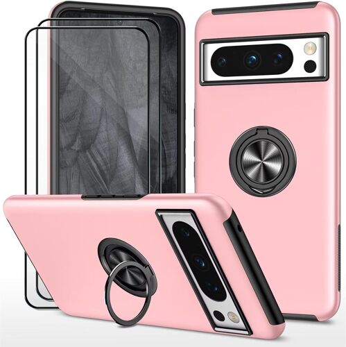 CAUC-Coque pour Google Pixel 8 Pro (6.7") et 2 pièces Verre trempé Housse Etui Support de Bague résistant aux Chocs résistant aux Rayures PC Silicone Heavy Duty Robuste Durable- Rose