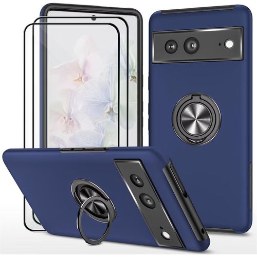 CAUC-Coque pour Google Pixel 7 (6.3") et 2 pièces Verre trempé Housse Etui Support de Bague résistant aux Chocs résistant aux Rayures PC Silicone Heavy Duty Robuste Durable- Bleu
