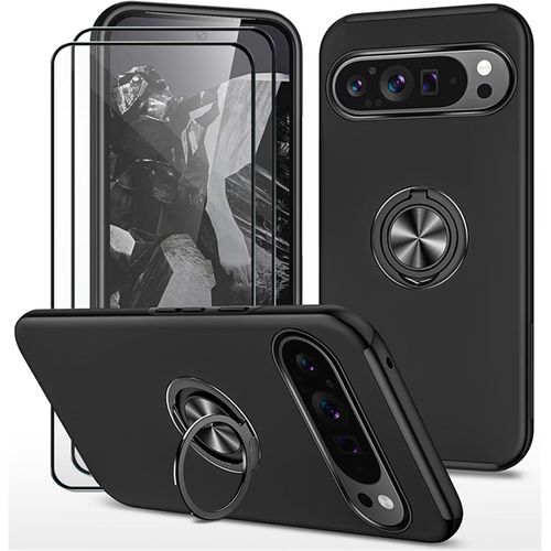 CAUC-Coque pour Google Pixel 9 et 2 pièces Verre trempé Housse Etui Support de Bague résistant aux Chocs résistant aux Rayures PC Silicone Heavy Duty Robuste Durable-Noir