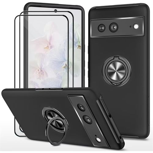 CAUC-Coque pour Google Pixel 8 (6.2") et 2 pièces Verre trempé Housse Etui Support de Bague résistant aux Chocs résistant aux Rayures PC Silicone Heavy Duty Robuste Durable-Noir