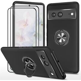 Coque Antichoc Pour Google Pixel 7 (6,3"") + 2 Protections Écran En Verre Trempé, Anneau Support Rotatif 360° Compatible Support Magnétique - Noir