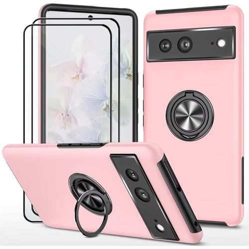CAUC-Coque pour Google Pixel 8 (6.2") et 2 pièces Verre trempé Housse Etui Support de Bague résistant aux Chocs résistant aux Rayures PC Silicone Heavy Duty Robuste Durable- Rose