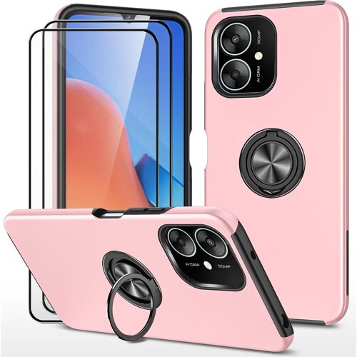 CAUC-Coque pour Xiaomi Redmi 13C / Poco C65 et 2 pièces Verre trempé Housse Etui Support de Bague résistant aux Chocs résistant aux Rayures PC Silicone Heavy Duty Robuste Durable- Rose