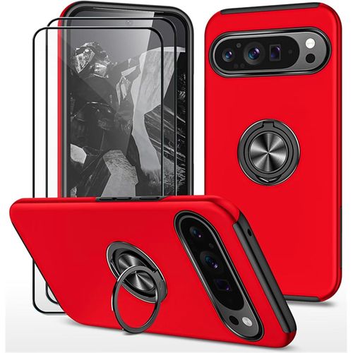 CAUC-Coque pour Google Pixel 9 et 2 pièces Verre trempé Housse Etui Support de Bague résistant aux Chocs résistant aux Rayures PC Silicone Heavy Duty Robuste Durable- Rouge