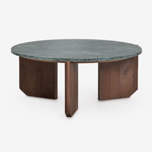 Table Basse Ronde Lavinia En Pierre Naturelle Et Bois De Manguier Bois Foncé Ø70 Cm