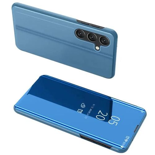 Housse Pour Samsung Galaxy S24 Fe 5g - Etui Coque Portefeuille Clear View Miroir + Verre Trempe - Bleu