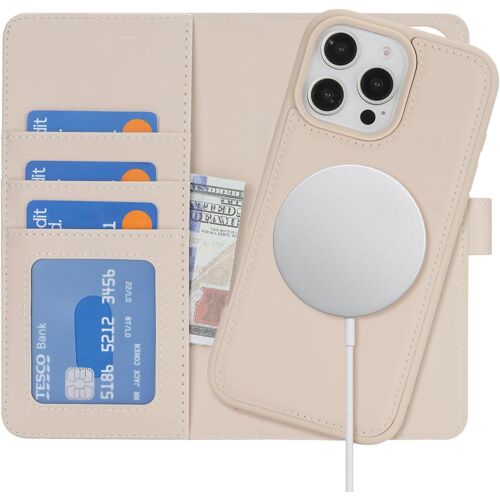 SJZG-For Coque Iphone 16 Pro Max Magsafe Compatible Coque Iphone 16 Pro Max Porte Carte Flip Étui Cuir Portefeuille À Rabat Homme Amovible - Blanc Cassé