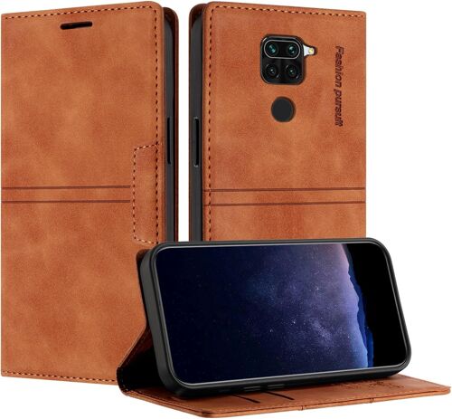 KAL-Coque Pour Xiaomi Redmi Note 9 4G/Redmi 9T/Redmi 9 Power, Housse En Cuir Pu Portefeuille Etui, Tpu Fonction Support Anti-Choc Folio Magnetique Compatible Avec Redmi Note 9 4G (Marron)
