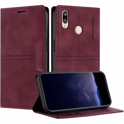 KAL-Coque Pour Huawei Y7 2019 / Y7 Prime 2019, Housse En Cuir Pu Portefeuille Etui, Tpu Fonction Support Anti-Choc Folio Magnetique Compatible Avec Huawei Y7 Prime 2019 (Rouge Vineux)