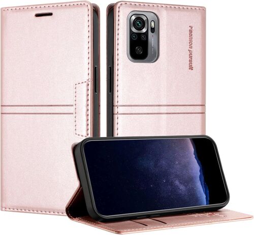 KAL-Coque Pour Xiaomi Redmi Note 10 4G/Note 10S, Housse En Cuir Pu Portefeuille Etui, Tpu Fonction Support [Fentes Pour Cartes] Anti-Choc Folio Magnetique Compatible Avec Redmi Note 10 4G (Rose)