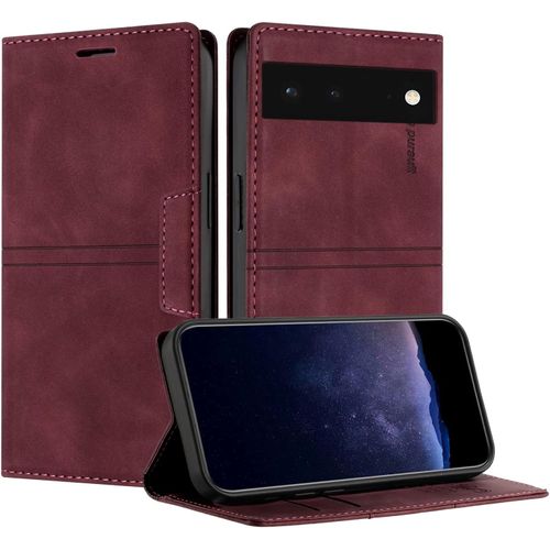 KAL-Coque Pour Google Pixel 6, Housse En Cuir Pu Portefeuille Etui, Tpu Fonction Support [Fentes Pour Cartes] Anti-Choc Folio Magnetique Compatible Avec Google 6 (Rouge Vineux)