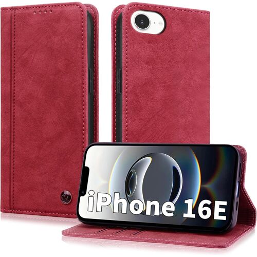 KAL-Coque Pour Iphone 16E Premium Pu Pochette De Portefeuille Etui À Rabat Pour Iphone 16E 6,1 Pouces 2025 Emplacements Cartes Magnétique Flip Case Anti-Vibration, Rouge