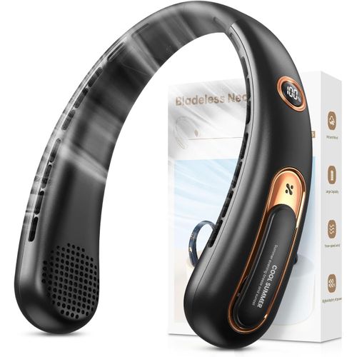 Ventilateur de Cou Portable, Ventilateur USB Rechargeable 4000mAh Max 15H, Ventilateur Silencieux sans Pale, 3 Vitesses et Affichage LED, Petit Ventilo Puissant 360°, pour Bureau Sport Voyage Camping