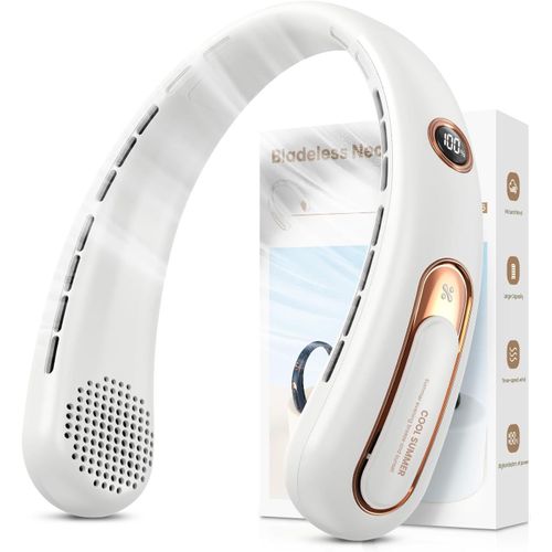 Ventilateur de Cou Portable, Ventilateur USB Rechargeable 4000mAh Max 15H, Ventilateur Silencieux sans Pale, 3 Vitesses et Affichage LED, Petit Ventilo Puissant 360°, pour Bureau Sport Voyage Camping