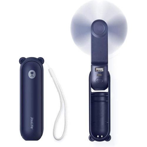 Mini Ventilateur Portatif, Ventilateur À Main 3 En 1, Ventilateur De Poche Rechargeable, Ventilateur À Piles [14-21 Heures De Travail] Avec Batterie Externe, Fonction Lampe De Poche-Bleu