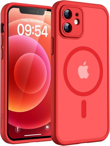 Coque Magnétique pour iPhone 12 6,1 Pouces, Compatible avec MagSafe, Protection de l'objectif améliorée, Coque Mat Translucide Fine Antichoc, Rouge
