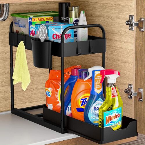 Rangement Sous Evier 2 Niveaux, Coulissant Organiseur Sous Évier Etagere Tiroir , Étagère Sous Évier Pour Cuisine Salle De Bain, Noir