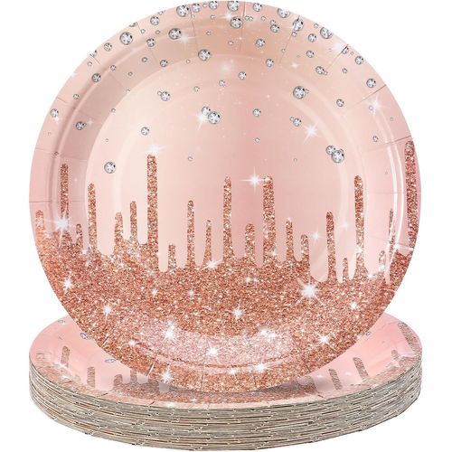 Lot De 20 Assiettes Jetables En Carton - Or Rose - 17,8 Cm - Rondes - Pour Fête D'anniversaire - Pour Mariage, Anniversaire D'enfant