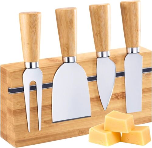 Mevronisshop-Ensemble De Couteaux À Fromage - Set De 5 Pièces Avec Porte-Couteaux En Bambou Pour Un Service Élégant De Différents Types De Fromages, Manipulation Confortable - Acier Inoxydable, Bambo