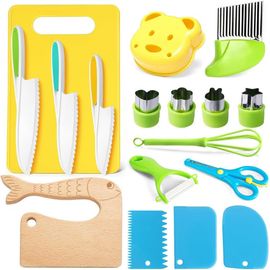ERSAN-Kit Ustensile Cuisine Enfant - Lot de 17 Avec Couteau Bebe, Planche à Découper et Éplucher - Pour Fruits, Pain, Légumes - Montessori