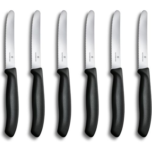 Mevronisshop-Swiss Classic Couteau À Petit Déjeuner, Couteau À Pain, Lame Tranchante, Dentelée, 11 Cm, Manche Plastique, Acier Inoxydable, Set 6 Pièces, Noir