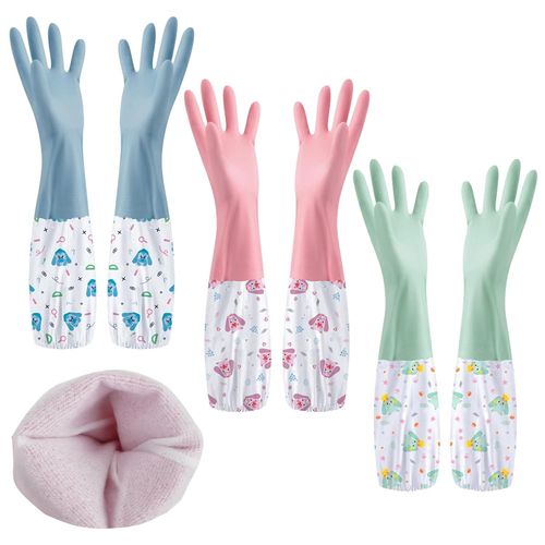 CHECARZHN--NO1-3 Paires Gants Menage, Gants Vaisselle En Caoutchouc Avec Doublure-46Cm, Longs Gant Nettoyage, Gant Menage Imperm¿¿ables Pour La Cuisine, La Salle De Bain, La Lessive, Le Jardinage-3 Co
