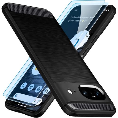 CAUC-Coque pour Google Pixel 8 Coque + Lot de 2 Verre Trempé, [Fibre de Carbone] Housse Souple Flexible en Premium TPU étui pour Google Pixel 8, Anti-Rayures/Antichocs-Noir