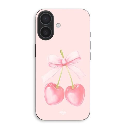 Coque Pour Iphone 16 Plus Cerise Noeud Fond Rose Pastel Maniacase