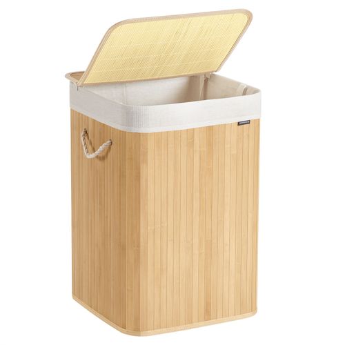 Panier à Linge 95 L, Corbeille Linge Sale, Couvercle, en Bambou, Poignées, Pliable, Sac Amovible Lavable en Machine, Couleur Boisée
