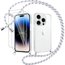Coque À Cordon Pour Iphone 14 Pro (6,1"") + 2 Verres Trempés ¿ Transparent, Lanière Réglable Et Détachable, Tpu/Pc Antichoc, Blanc