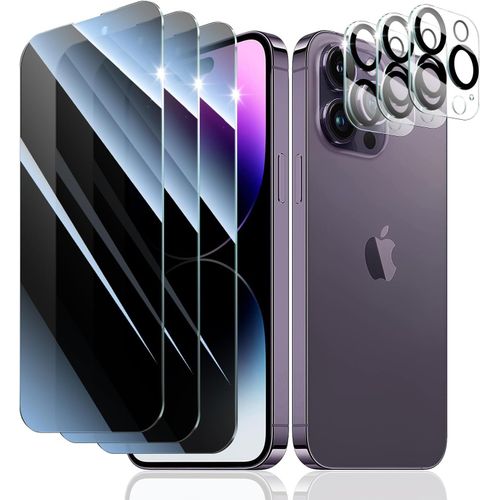 Pack 3+3 Protections Écran Et Caméra Pour Iphone 14 Pro Max - Verre Trempé Vie Privée, Dureté 9h, Anti-Rayures, Anti-Chute, Anti-Empreintes, Sans Bulles
