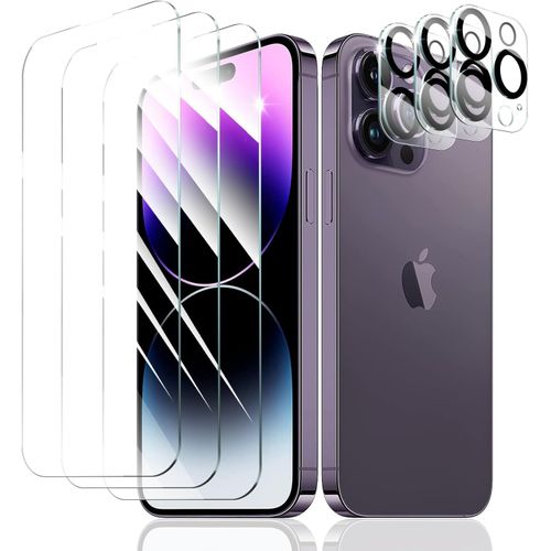 Pack 3 Verres Trempés + 3 Protections Caméra Pour Iphone 14 Pro Max ¿ 9h Anti-Rayures, Ultra Transparent Hd, Revêtement Oléophobe, Bords 2.5d